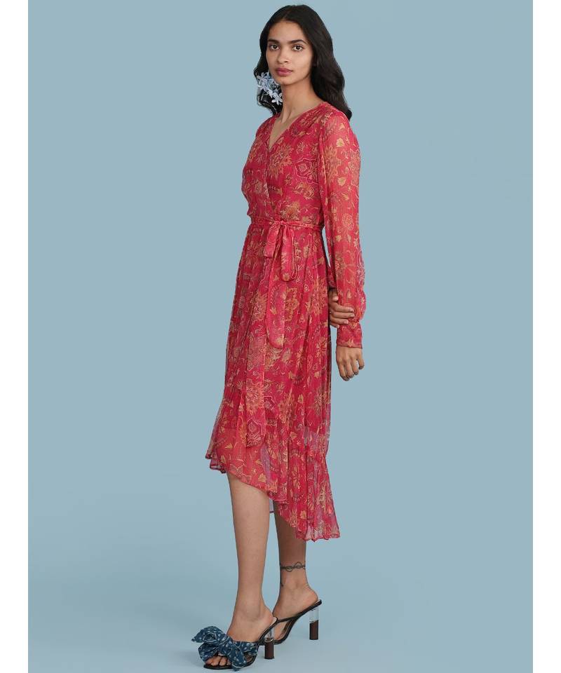 Pink Floral Print Ruffle Midi Dress With Belt