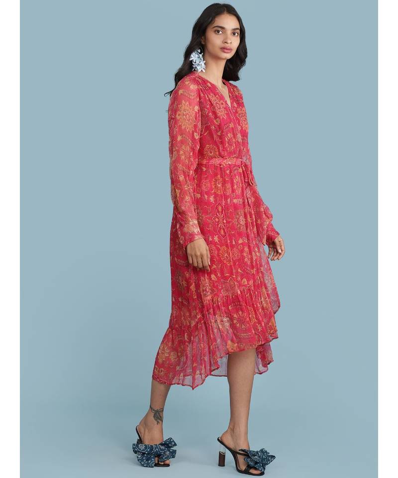 Pink Floral Print Ruffle Midi Dress With Belt