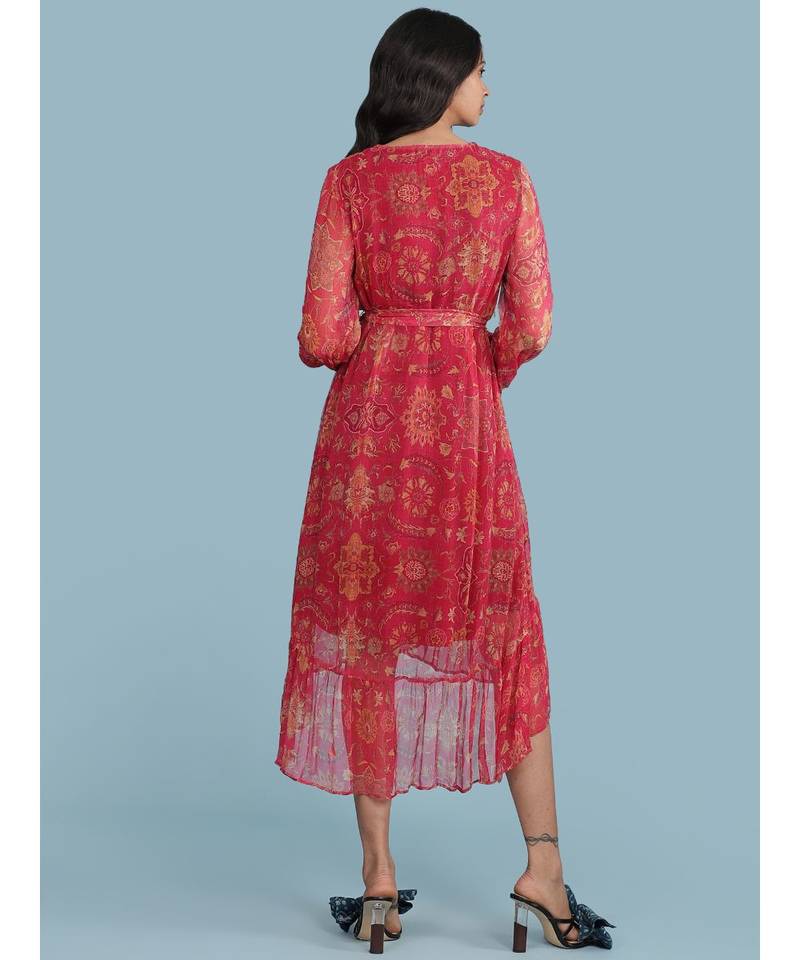 Pink Floral Print Ruffle Midi Dress With Belt