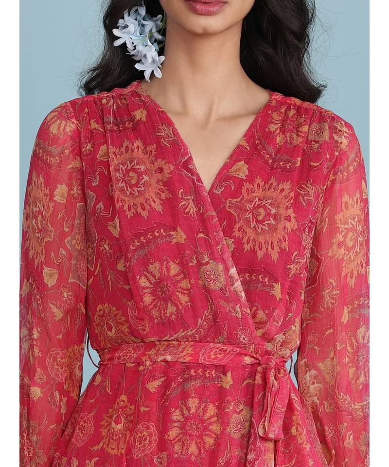 Pink Floral Print Ruffle Midi Dress With Belt