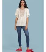 Round Embroidered Neck Short Sleeve Top