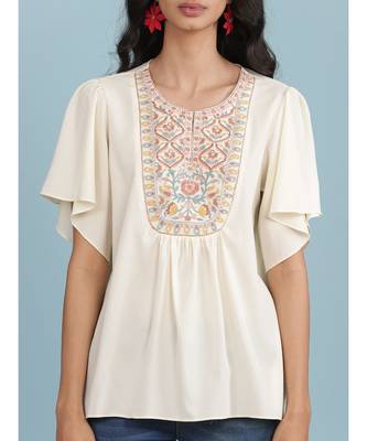 Round Embroidered Neck Short Sleeve Top 6