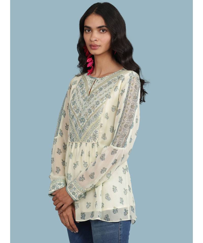 Ecru Floral Print 3/4 Sleeve Top