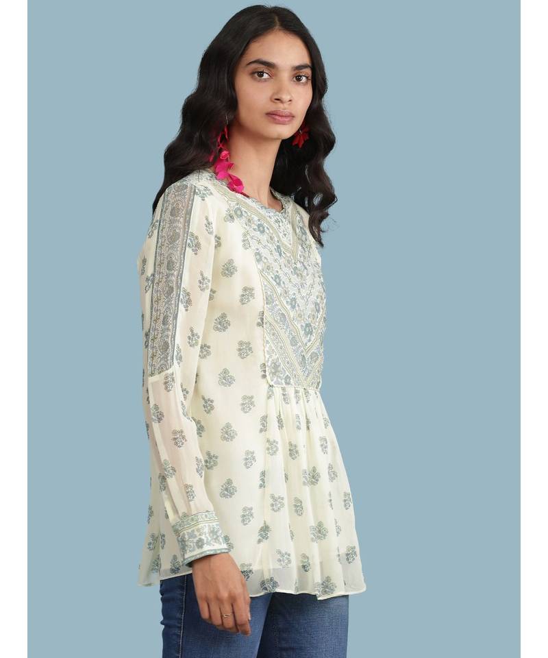 Ecru Floral Print 3/4 Sleeve Top