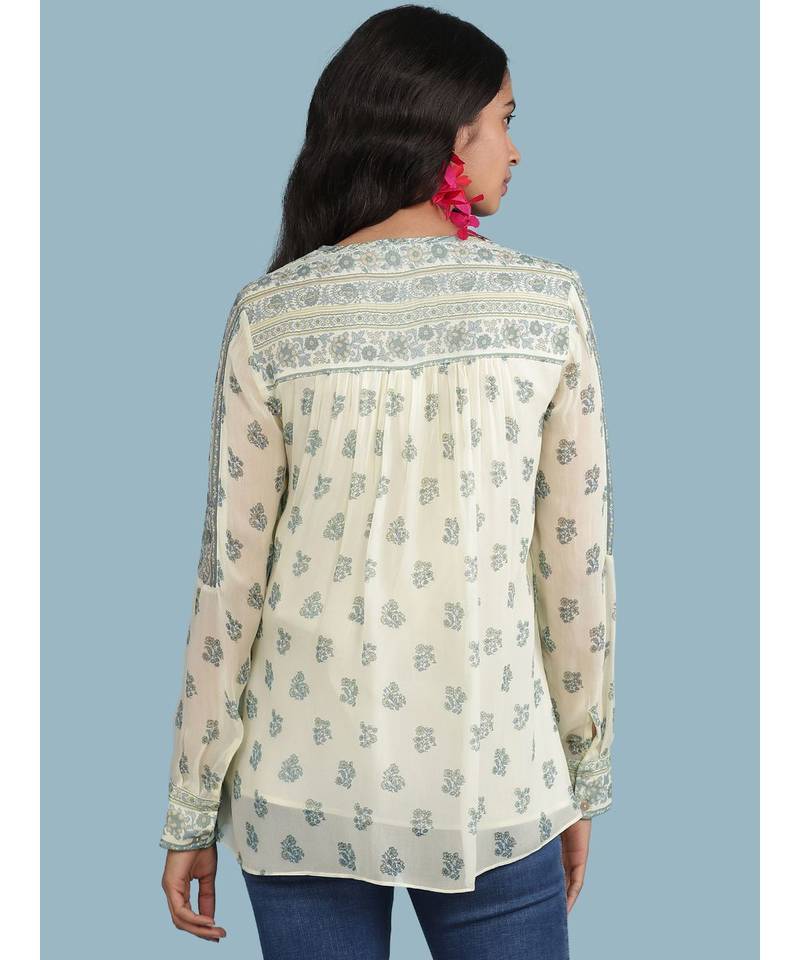 Ecru Floral Print 3/4 Sleeve Top