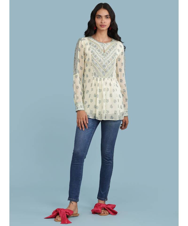 Ecru Floral Print 3/4 Sleeve Top