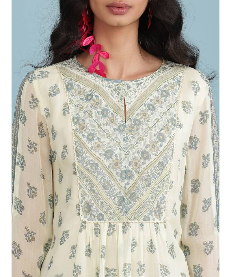 Ecru Floral Print 3/4 Sleeve Top