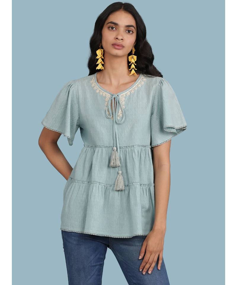 Ice Blue Tiered Short Sleeve Round Neck Top
