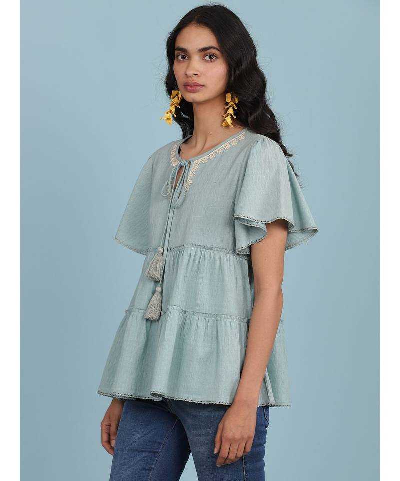 Ice Blue Tiered Short Sleeve Round Neck Top