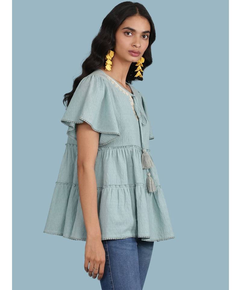 Ice Blue Tiered Short Sleeve Round Neck Top