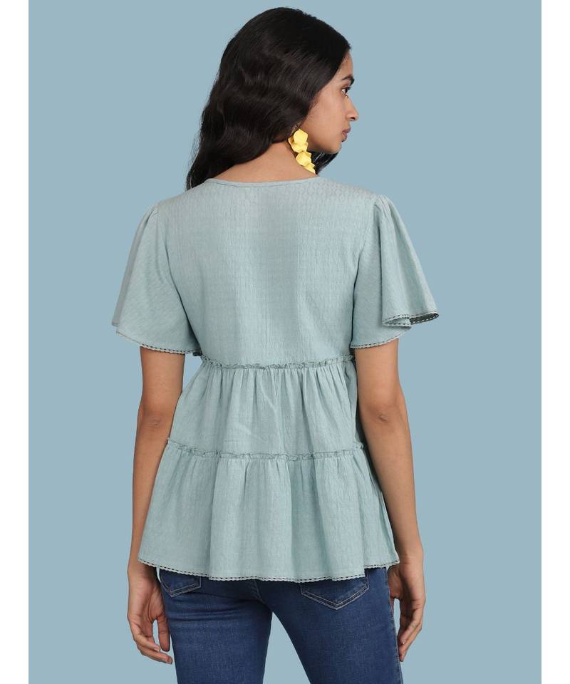 Ice Blue Tiered Short Sleeve Round Neck Top