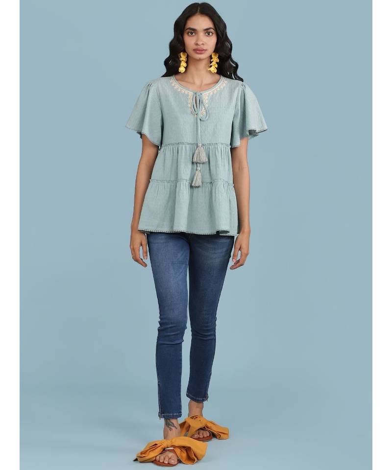 Ice Blue Tiered Short Sleeve Round Neck Top