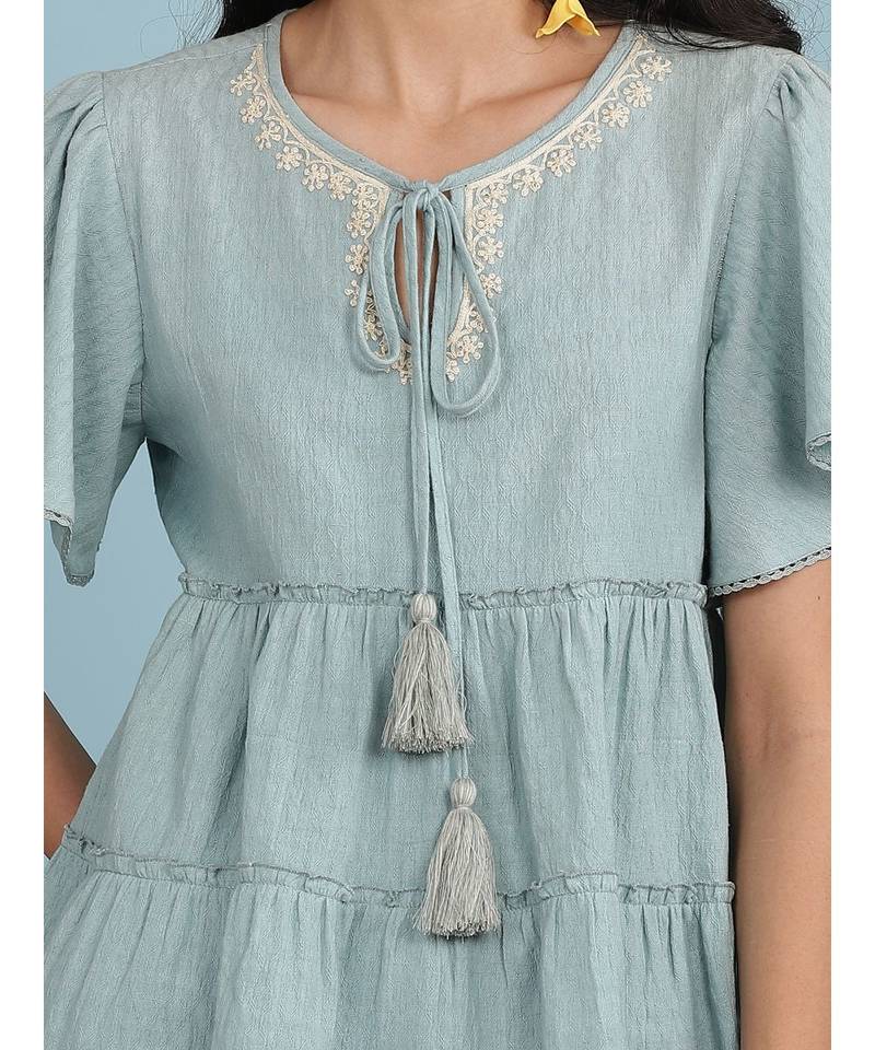 Ice Blue Tiered Short Sleeve Round Neck Top