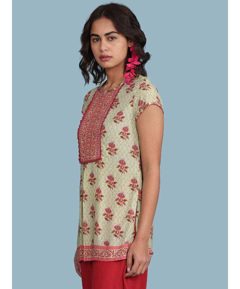 Green Floral Print Short Sleeve Top