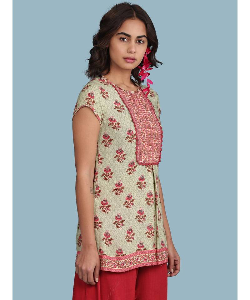 Green Floral Print Short Sleeve Top