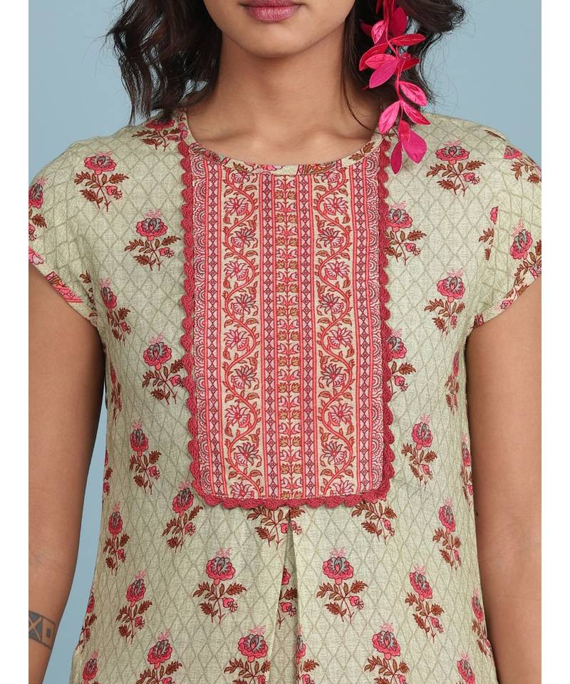 Green Floral Print Short Sleeve Top