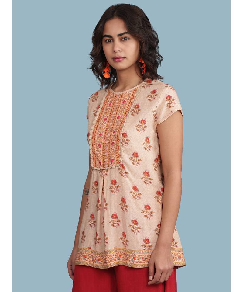 Peach Floral Print Short Sleeve Top