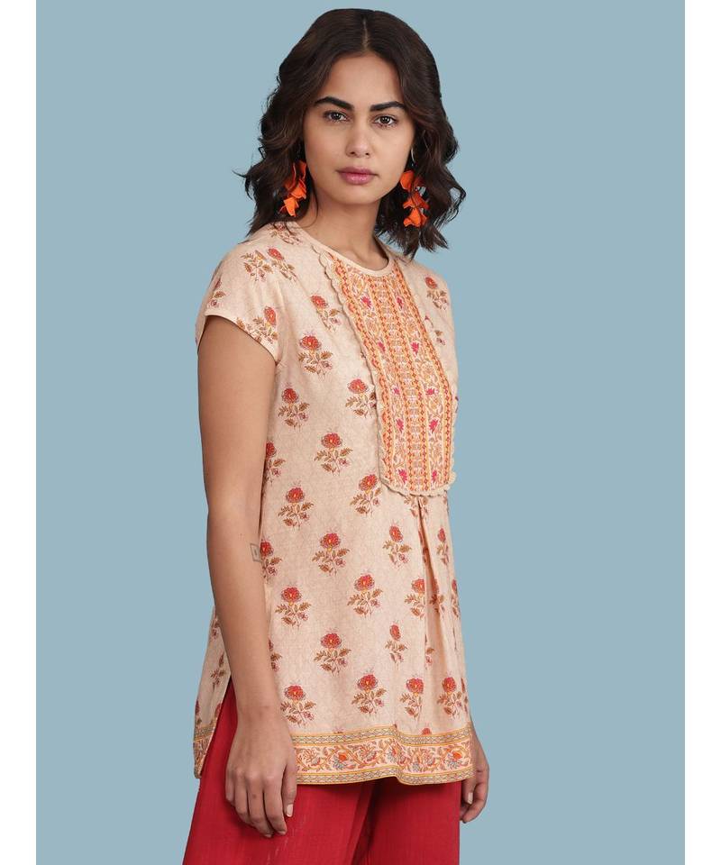 Peach Floral Print Short Sleeve Top