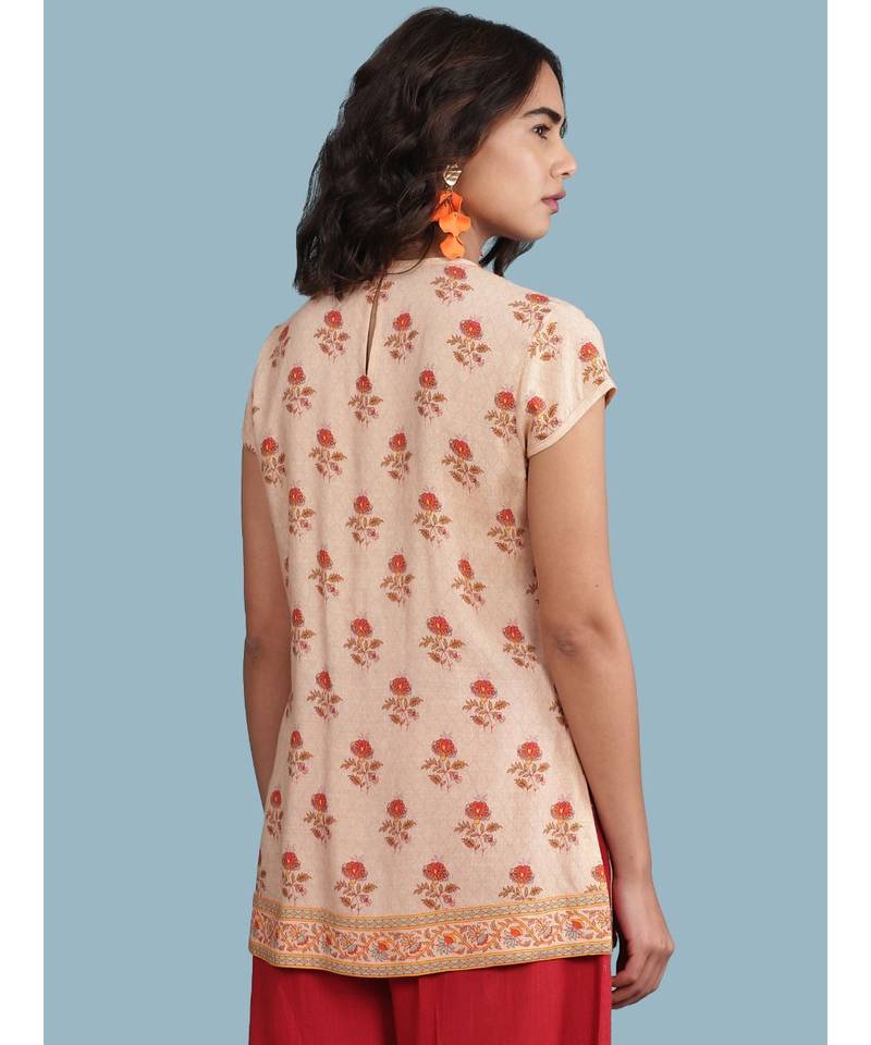 Peach Floral Print Short Sleeve Top