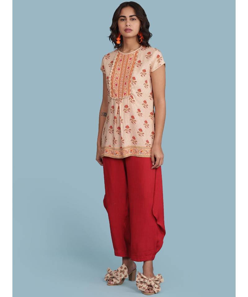 Peach Floral Print Short Sleeve Top