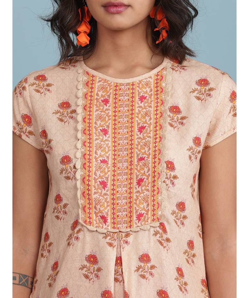 Peach Floral Print Short Sleeve Top