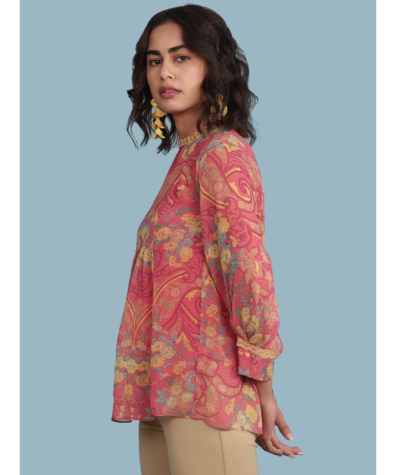 Pink Floral Print 3/4 Sleeve Top