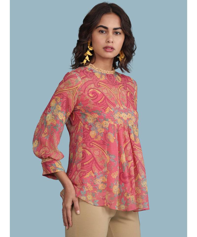 Pink Floral Print 3/4 Sleeve Top