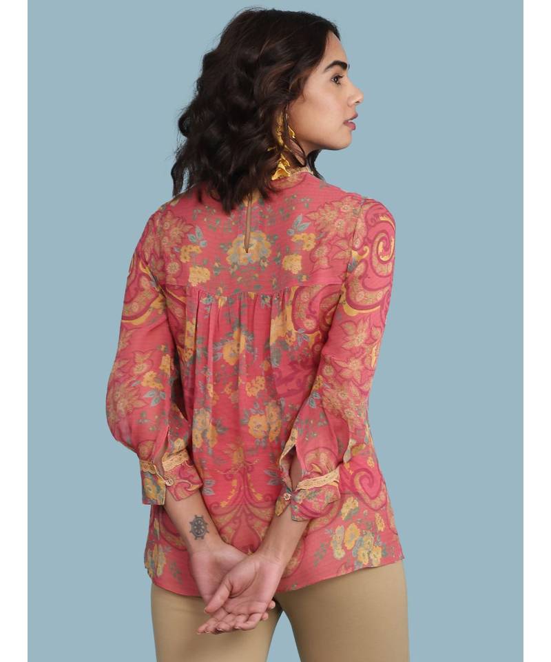 Pink Floral Print 3/4 Sleeve Top