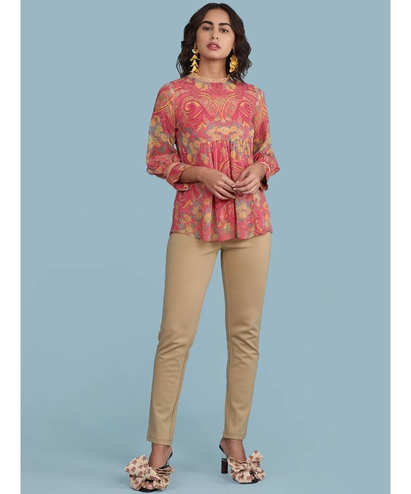 Pink Floral Print 3/4 Sleeve Top