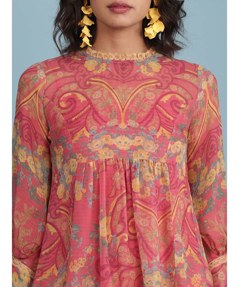 Pink Floral Print 3/4 Sleeve Top