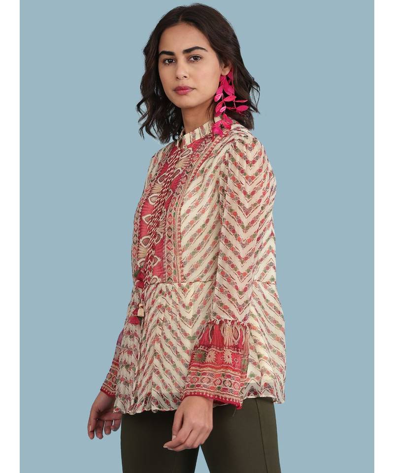 Ecru Geometric Print Full Sleeve Top