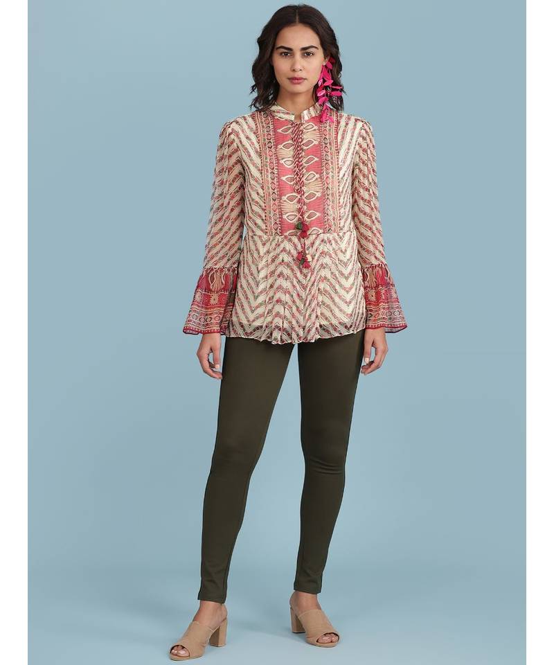 Ecru Geometric Print Full Sleeve Top