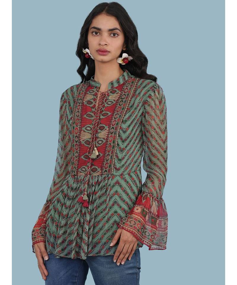 Green Geometric Print Full Sleeve Top