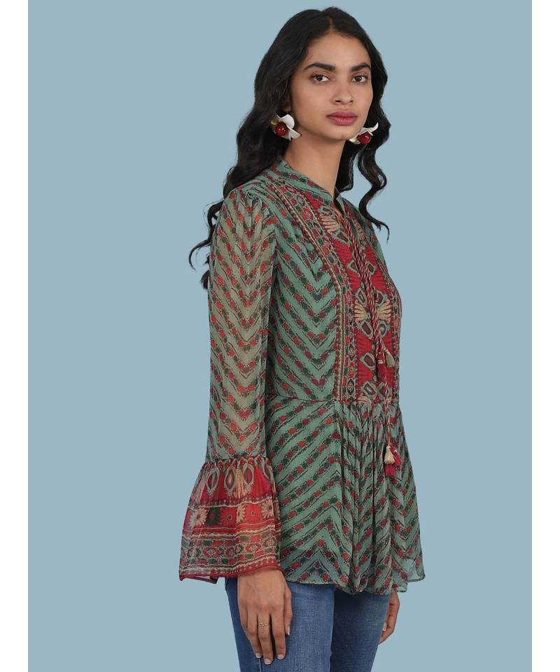 Green Geometric Print Full Sleeve Top