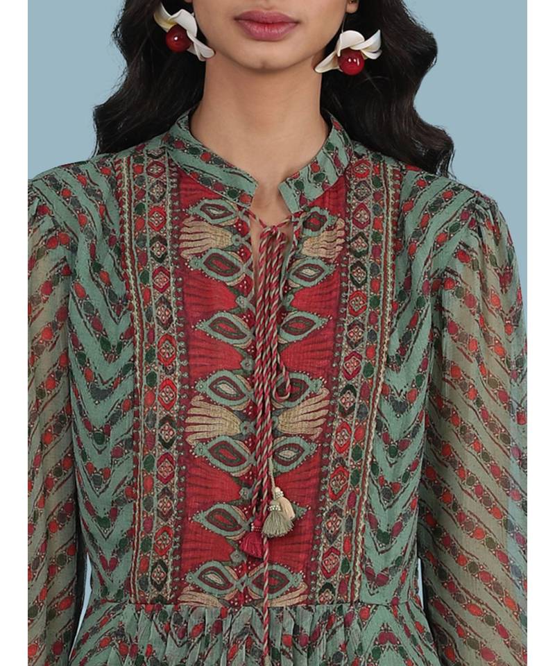 Green Geometric Print Full Sleeve Top