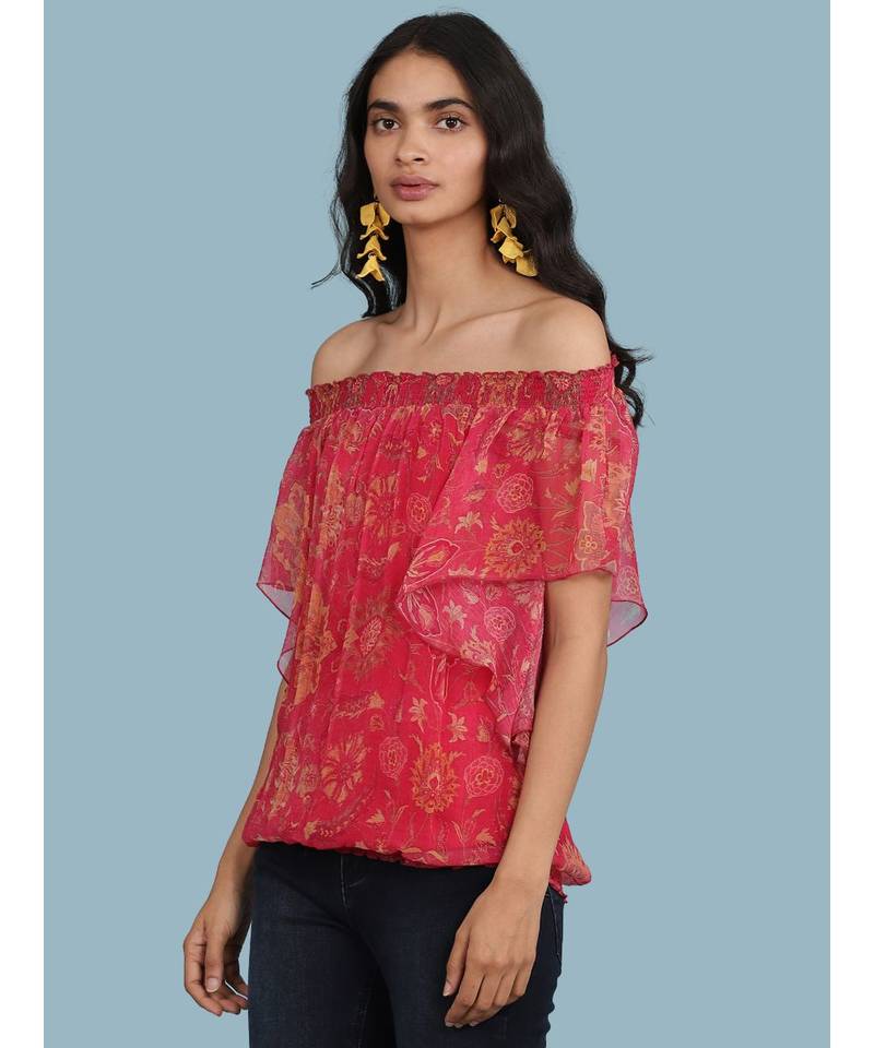 Pink Floral Print Off Shoulder Top