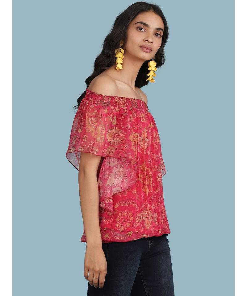 Pink Floral Print Off Shoulder Top