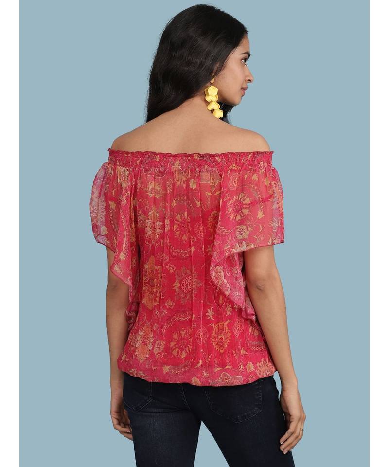 Pink Floral Print Off Shoulder Top