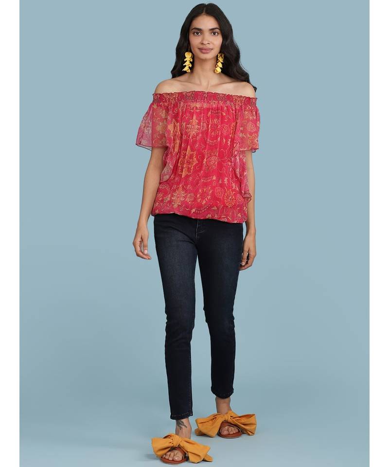 Pink Floral Print Off Shoulder Top