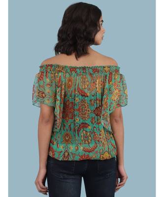 Green Floral Print Off Shoulder Top 2
