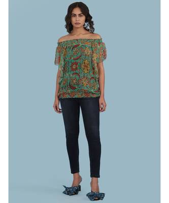 Green Floral Print Off Shoulder Top 1
