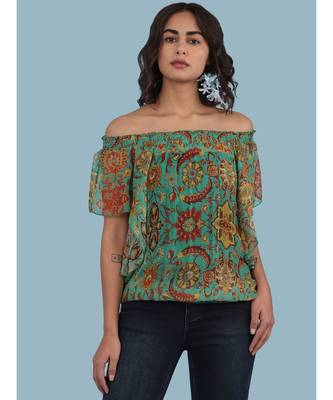 Green Floral Print Off Shoulder Top 3