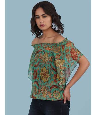 Green Floral Print Off Shoulder Top 4