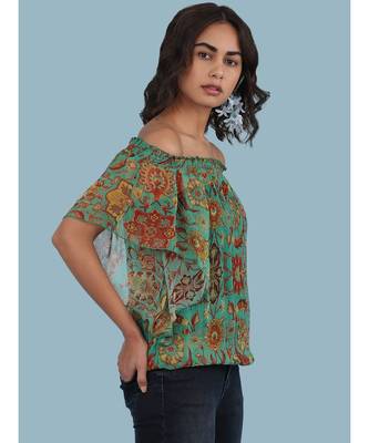 Green Floral Print Off Shoulder Top 5