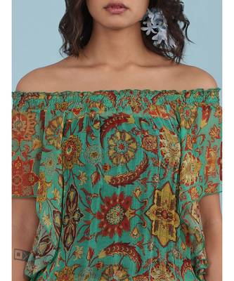 Green Floral Print Off Shoulder Top 6