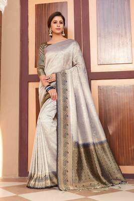 Shaily Women's Grey & Navy Blue Silk Blend Woven Zari Saree 1