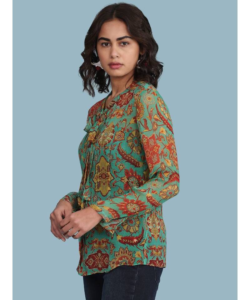 Green Floral Print Full Sleeve Shirt
