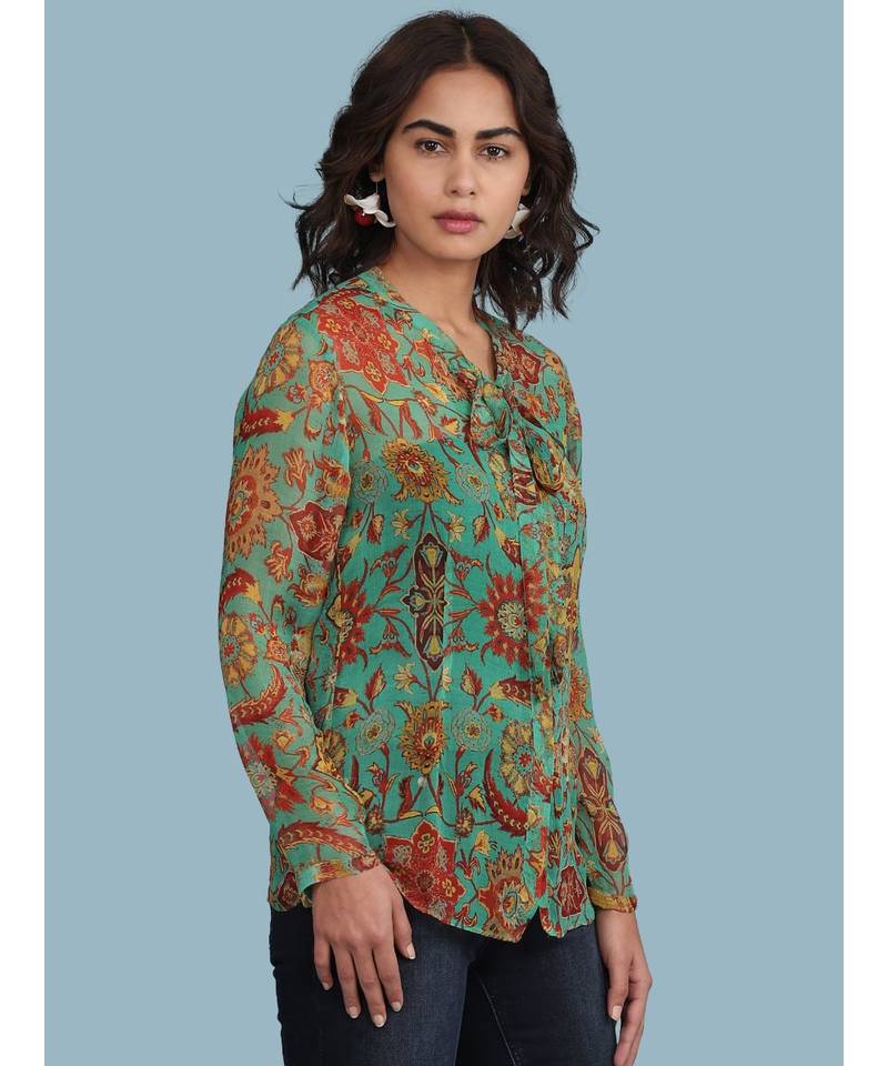 Green Floral Print Full Sleeve Shirt