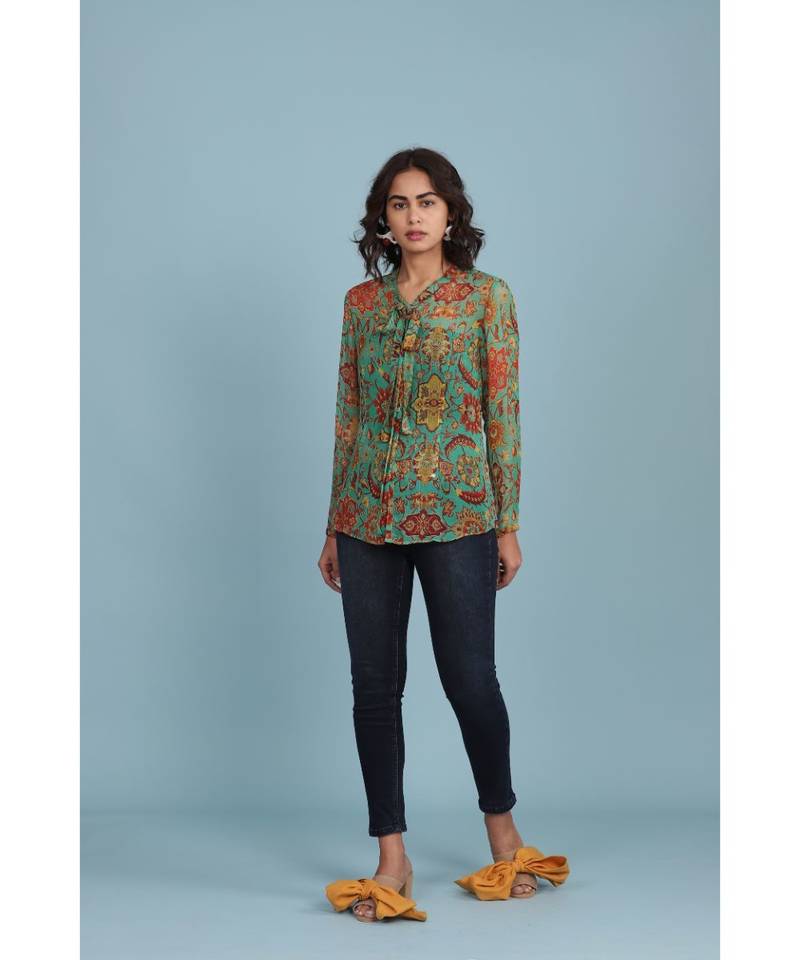 Green Floral Print Full Sleeve Shirt