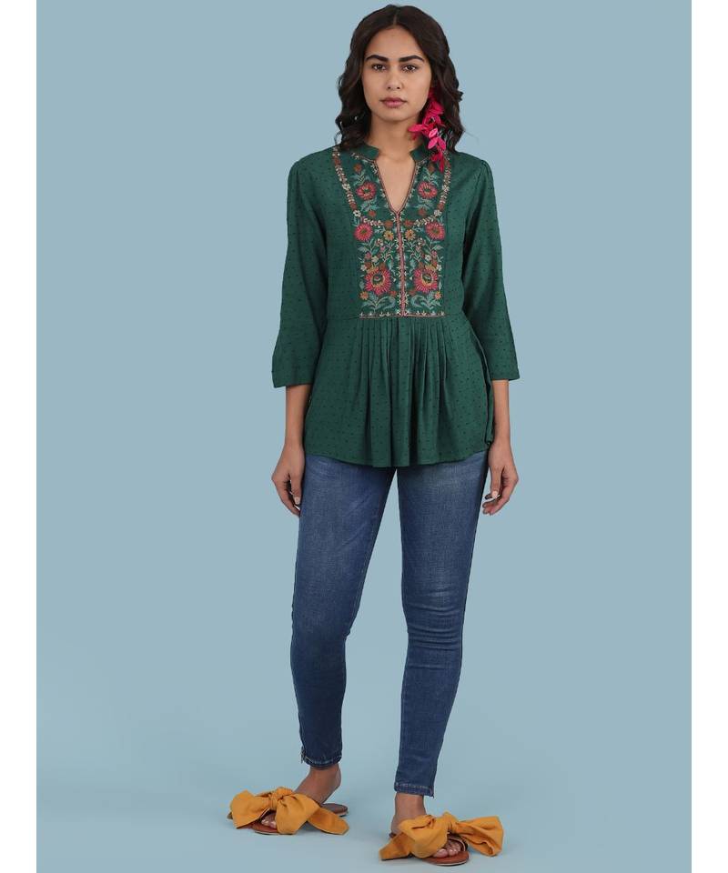 Green Embroidered 3/4 Sleeve Top